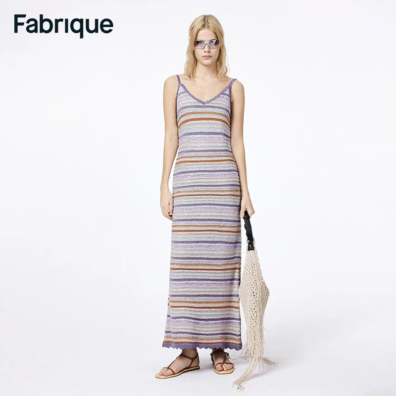 【周迅同款】Fabrique条纹珠片针织吊带连衣裙新款静奢风无袖裙子女