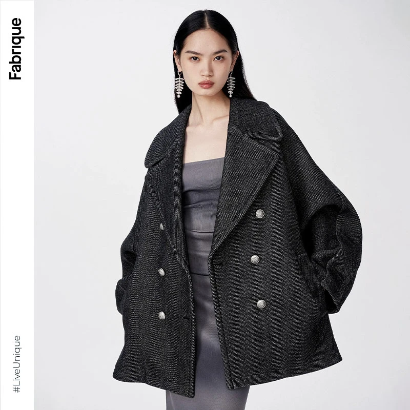 Fabrique双面呢大衣冬季新款时尚气质粗斜纹双面呢连袖茧型大衣
