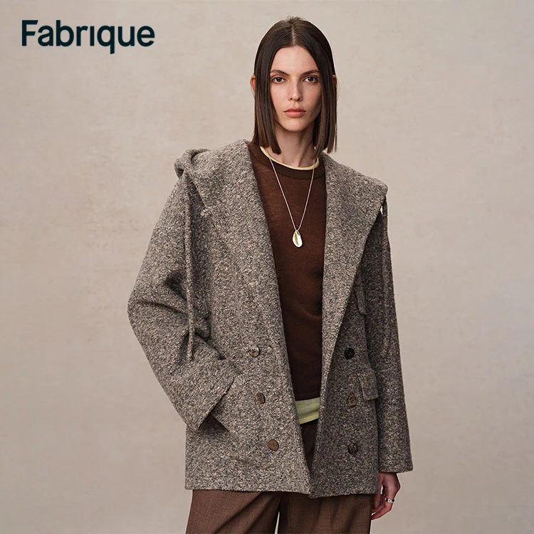Fabrique Rue秋冬新款雪花灰绵羊毛圈圈轻盈宽松保暖厚实连帽大衣