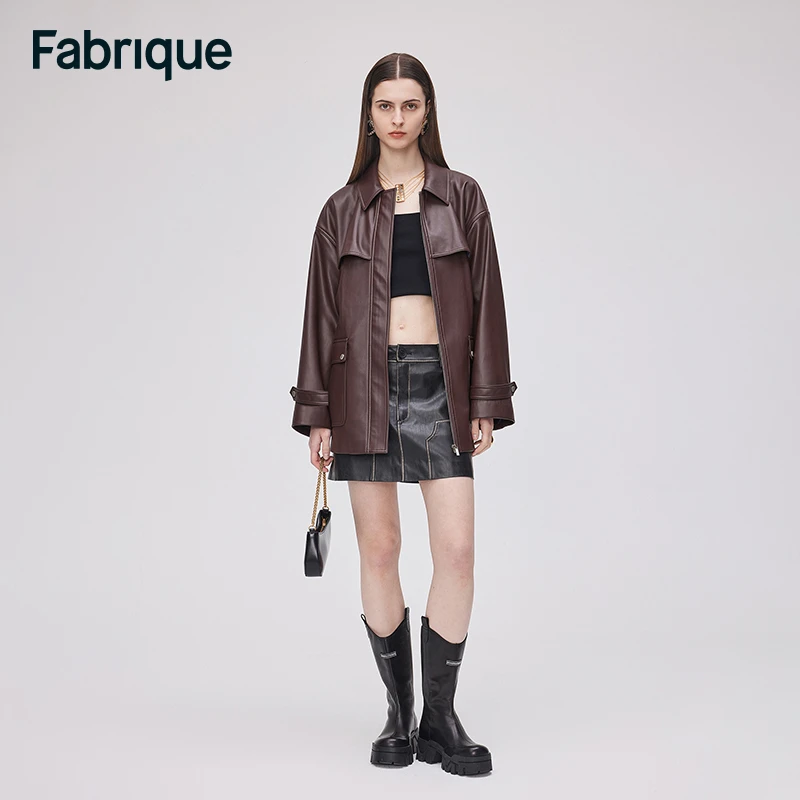 Fabrique Lily 秋冬新款设计感廓形赤茶棕环保皮腰带拉链夹克外套