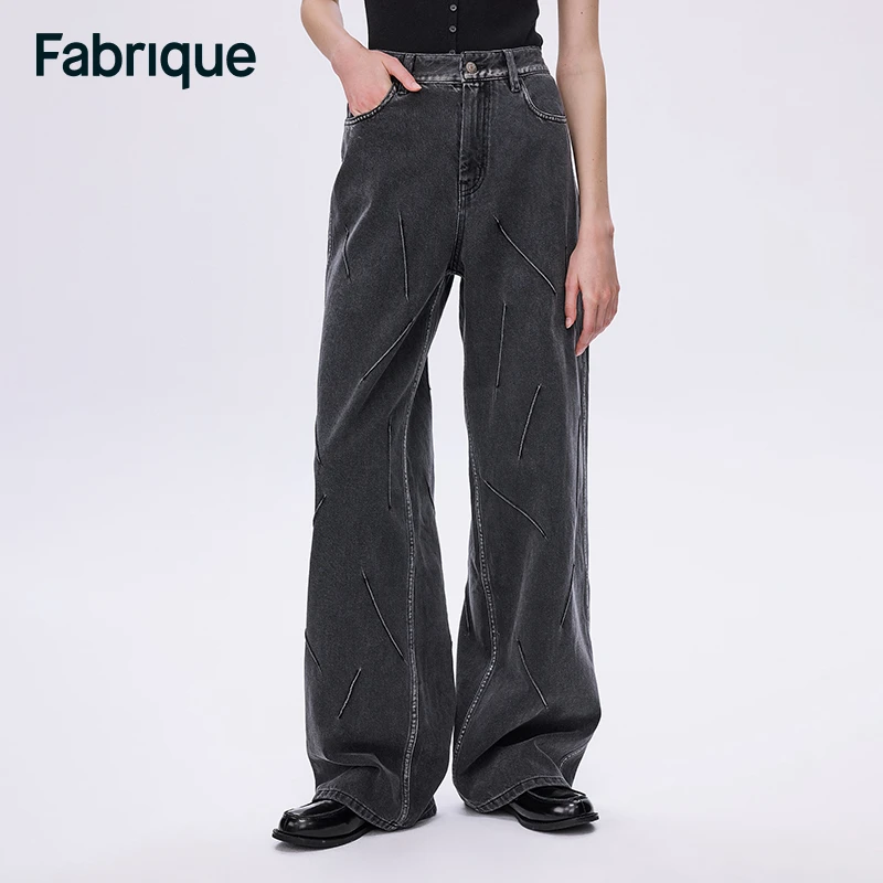 【宋亚轩同款】Fabrique秋冬新款美式水洗灰黑不规则切线阔腿牛仔裤