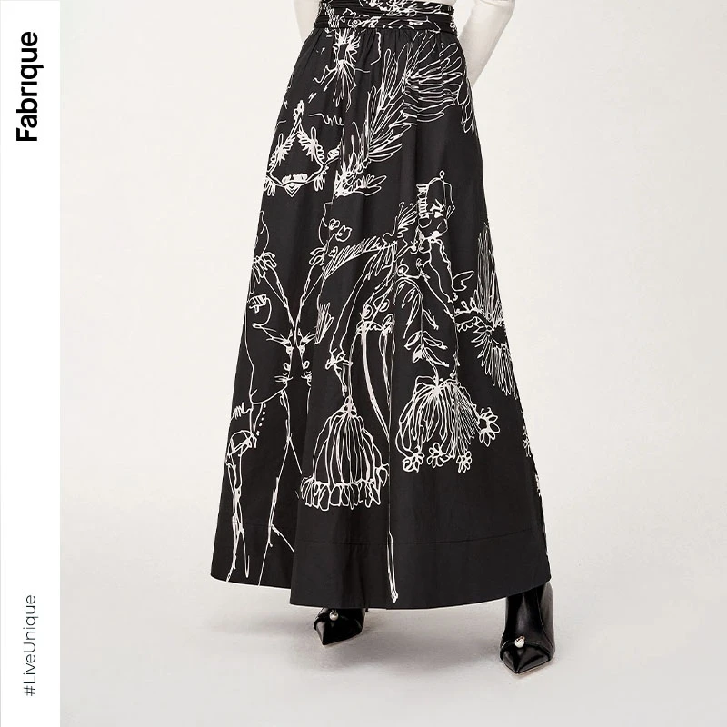 Fabrique秋冬新款时尚气质半身裙定位线条印花褶皱腰头A摆半裙