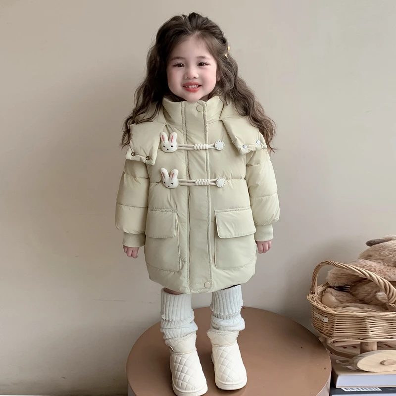女宝宝棉服冬季中长款加绒棉衣女小童2024新款兔子棉袄加厚外套潮