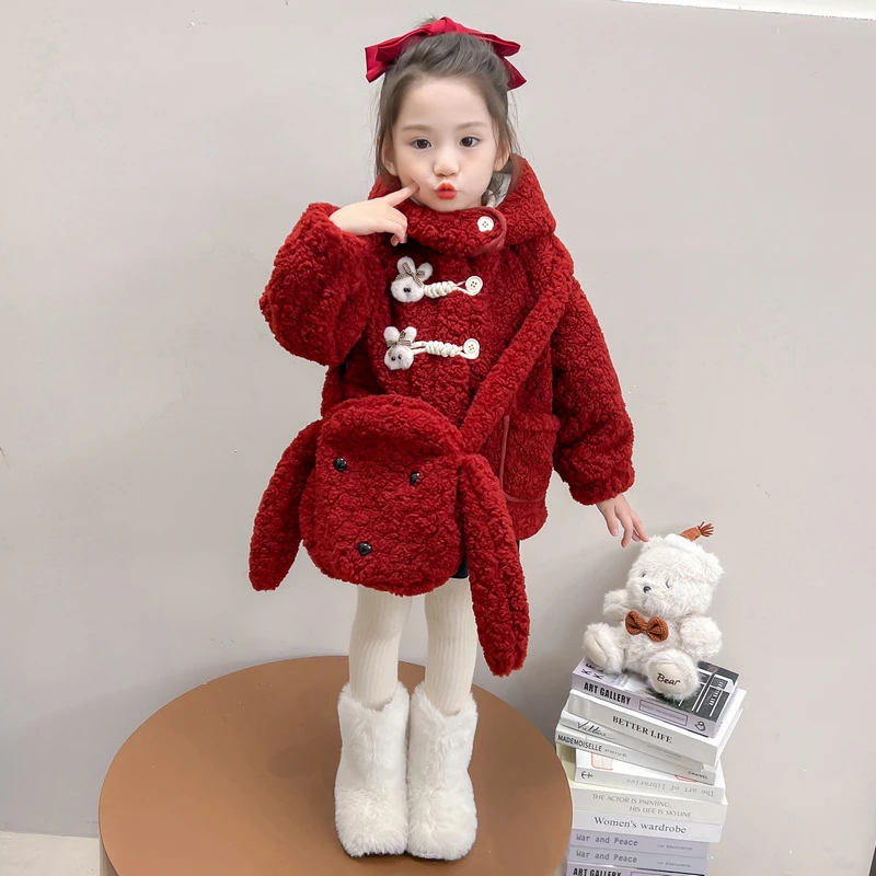 女小童加绒外套冬季款韩版加厚连帽上衣洋气女宝宝冬装保暖毛毛衣