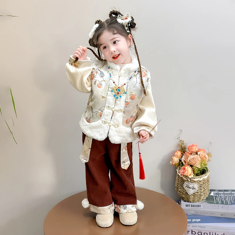 拜年服女童汉服加绒套装秋冬国风宝宝周岁礼服儿童唐装加厚演出服