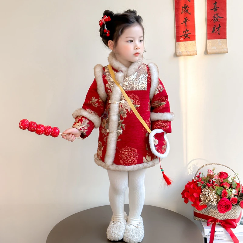 女童汉服2024冬装加厚旗袍儿童红色过年喜庆拜年服中国风新年衣服