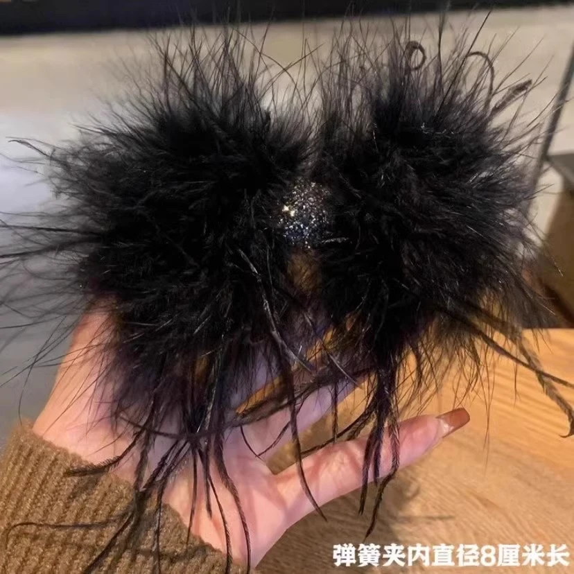 韩版ins风黑色羽毛弹簧夹女后脑勺盘发发卡2024年新气质百搭发夹