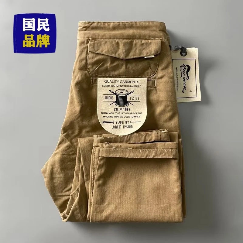 【小扬哥推荐】大码卫裤美式复古工装裤男款重磅水洗高卡其色级感