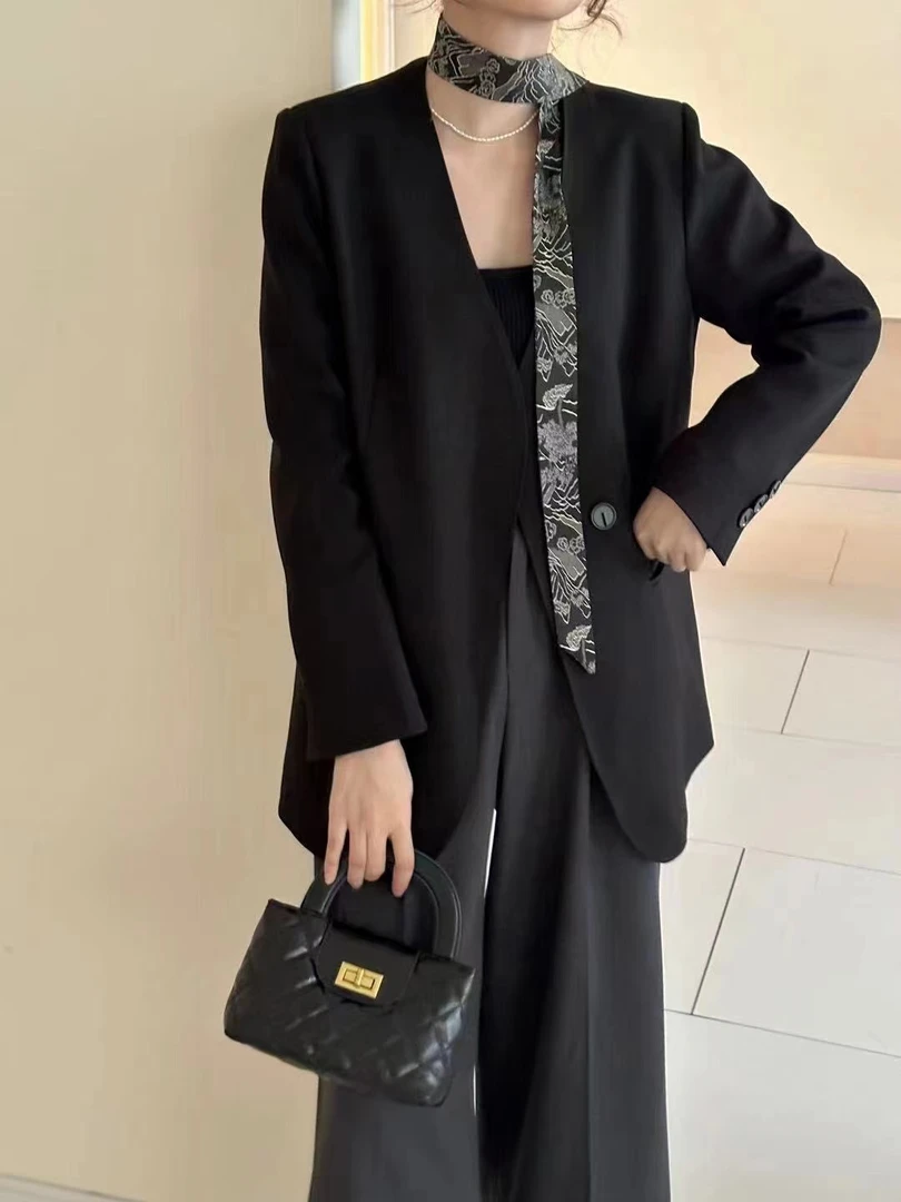 WANTHAT/凡黛卡时尚V领西装外套女简约高级感飘带西服上衣8837