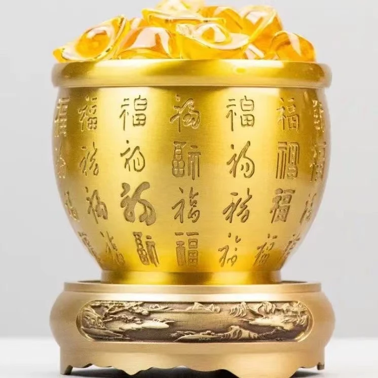 百福缸黄铜米缸聚宝盆桌面摆件客厅家居装饰复古高档貔貅主人杯