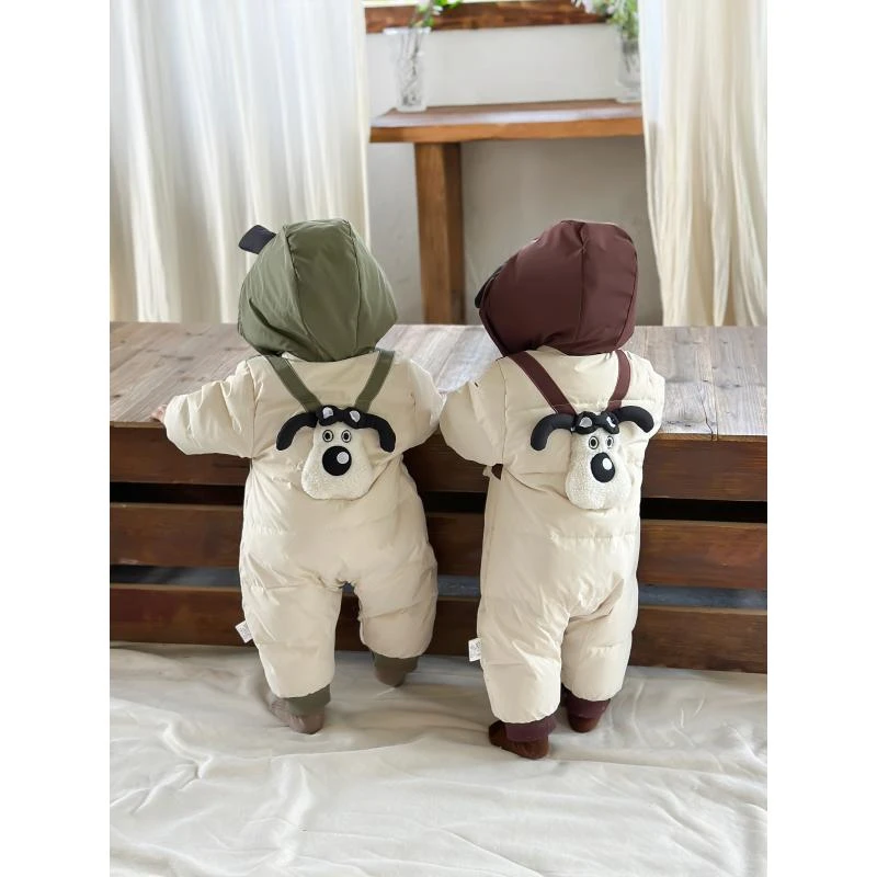 婴儿保暖连帽加绒婴幼儿冬季立体小狗玩偶拼色白鸭绒羽绒服2438