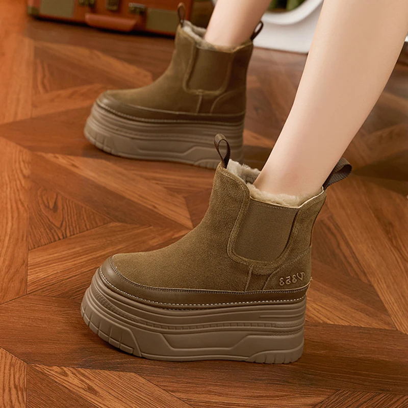 万达撤柜头层牛皮雪地靴女2025冬季新款内增高棉靴子厚底中筒短靴