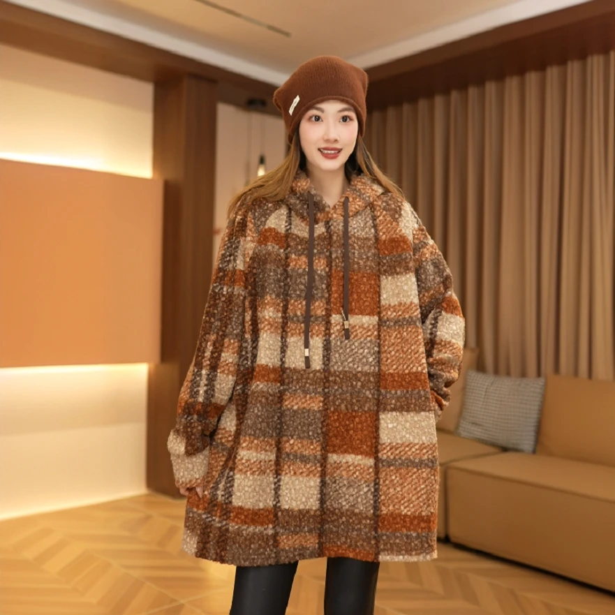 【棋盘格】 春季新款宽松慵懒宽松气质连帽格纹卫衣