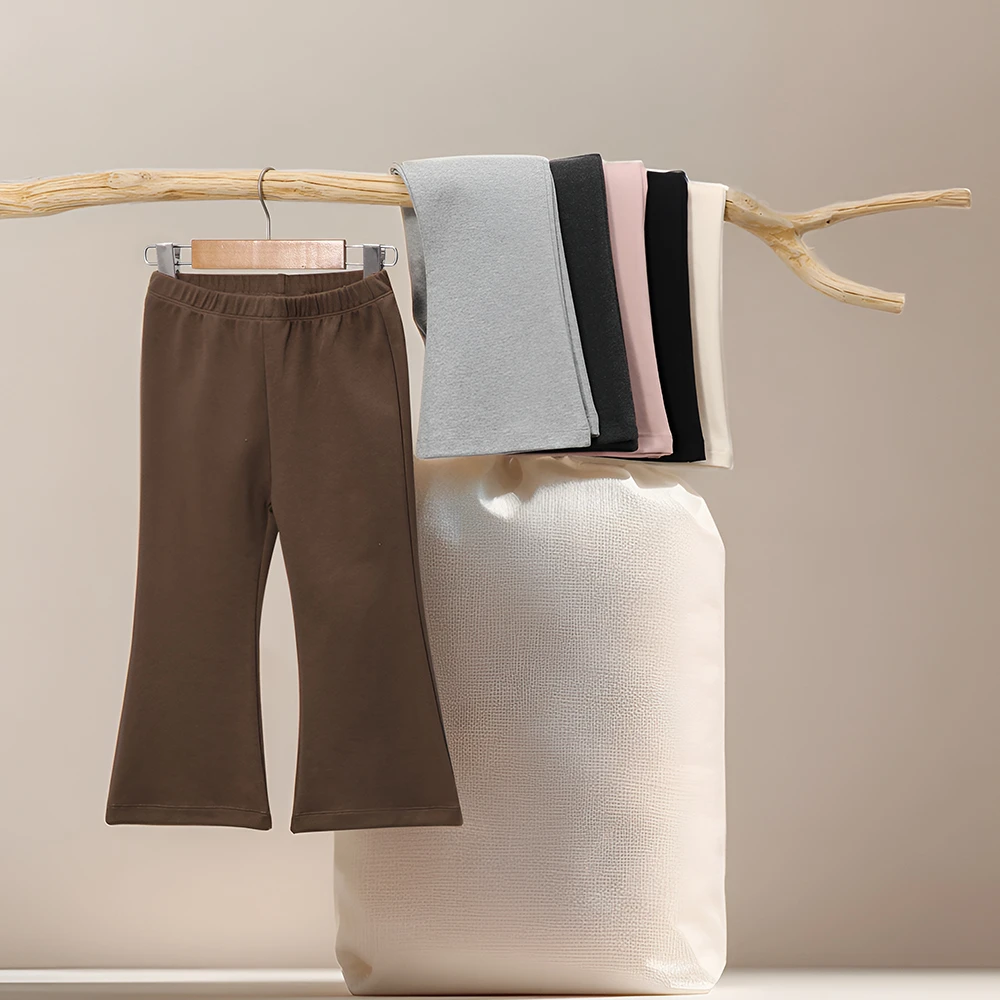 Tiny People春秋时髦宝宝纯色喇叭裤女童针织宽松百搭微喇裤子