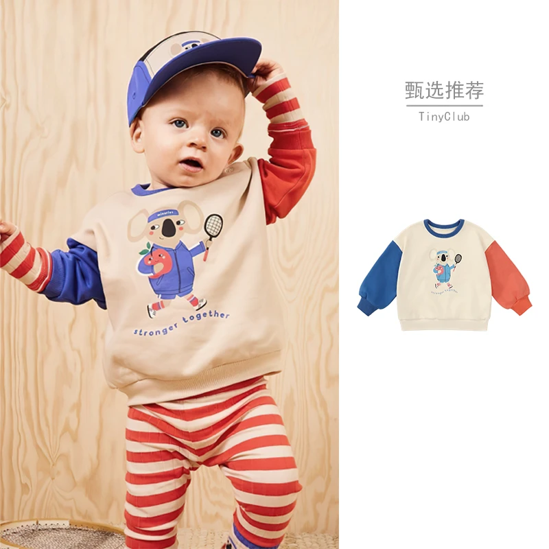 ins复古风宝宝圆领撞色卫衣春装新款 婴幼童薄款套头休闲长袖上衣