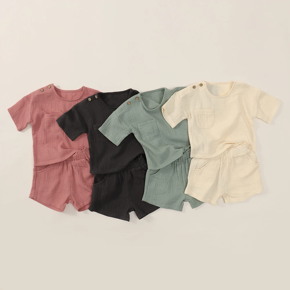 婴儿衣服纯棉纱布宝宝分体休闲运动套装夏季短袖短裤两件套薄款