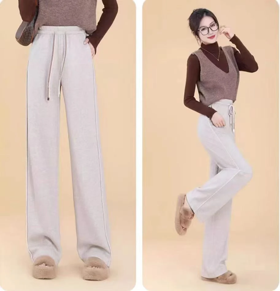 [DK389]2024年冬季呢子新款时尚松紧高腰简约通勤加绒加厚直筒裤