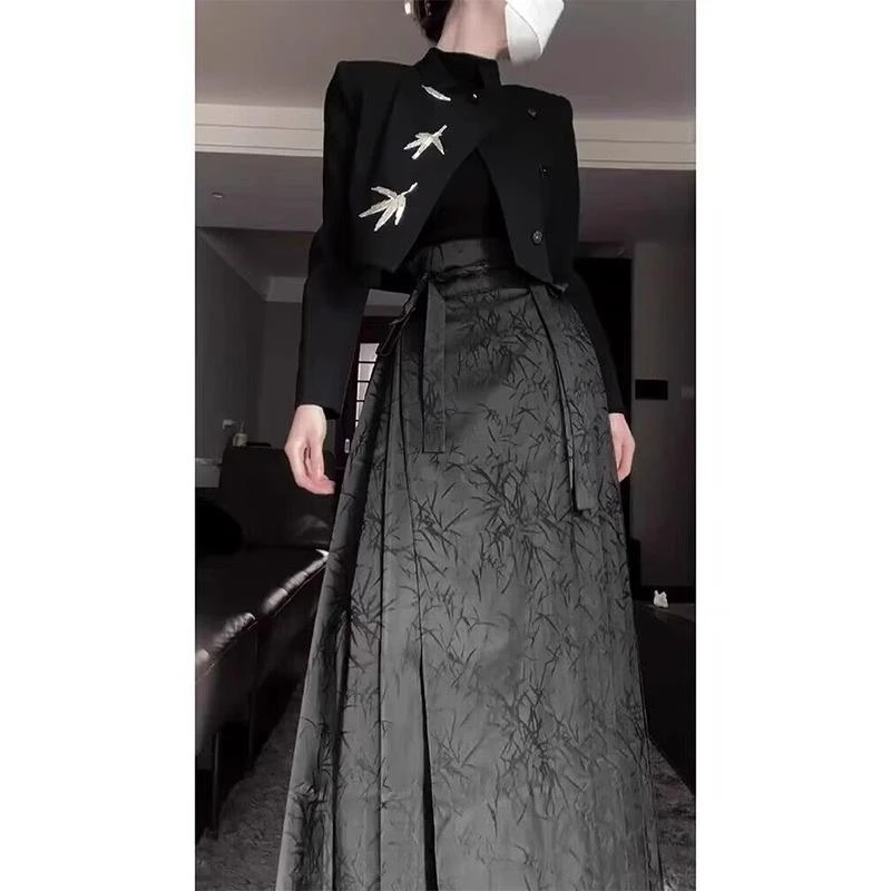 新中式国风改良马面裙套装女大码秋冬胖mm高腰显瘦a字百褶半身裙