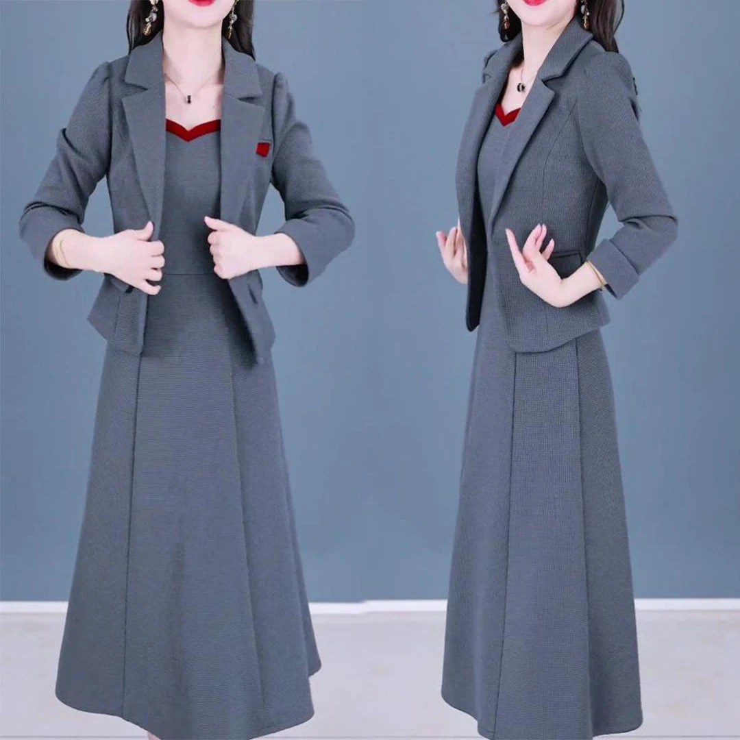时尚西装套装裙女2024秋季新款气质显瘦长袖外套连衣裙休闲两件套