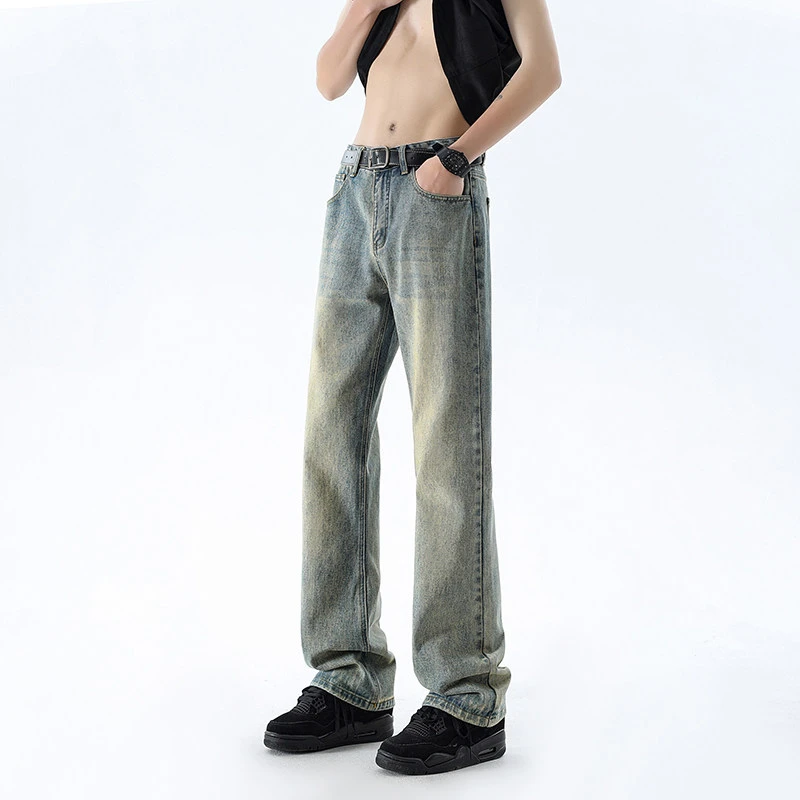 美式高街微喇牛仔裤男2025新款春秋季垂感宽松直筒水洗休闲长裤子