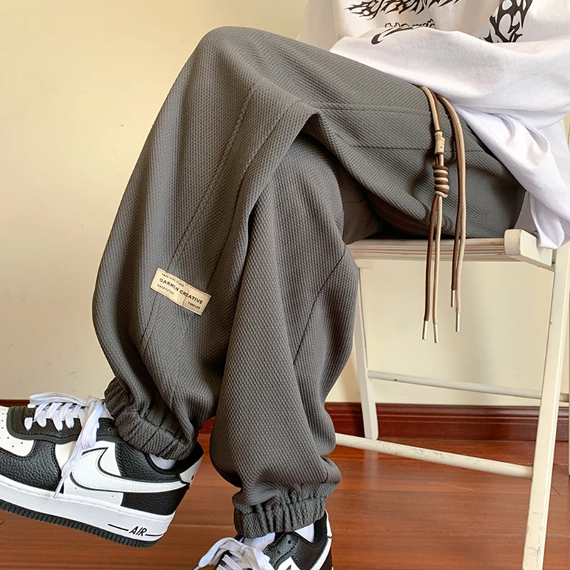 华夫格裤子男士秋冬季新款潮流宽松束脚卫裤加绒加厚运动休闲长裤