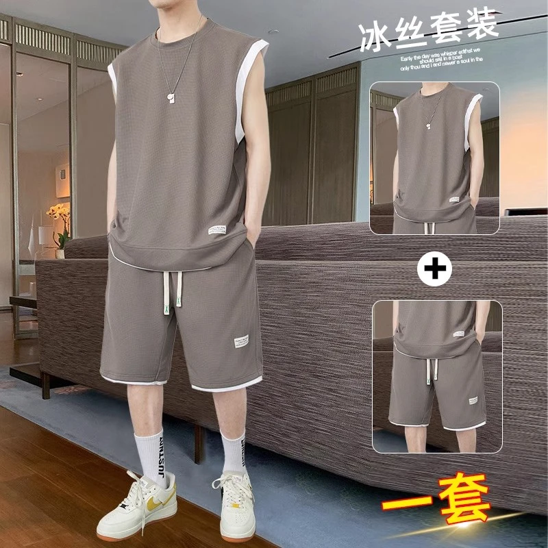 华夫格无袖背心套装男夏季潮牌宽松冰丝短裤青少年休闲运动两件套