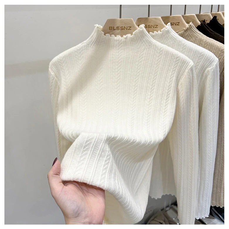 木耳边半高领漂亮针织打底衫女秋冬内搭白色毛衣时尚洋气百搭上衣