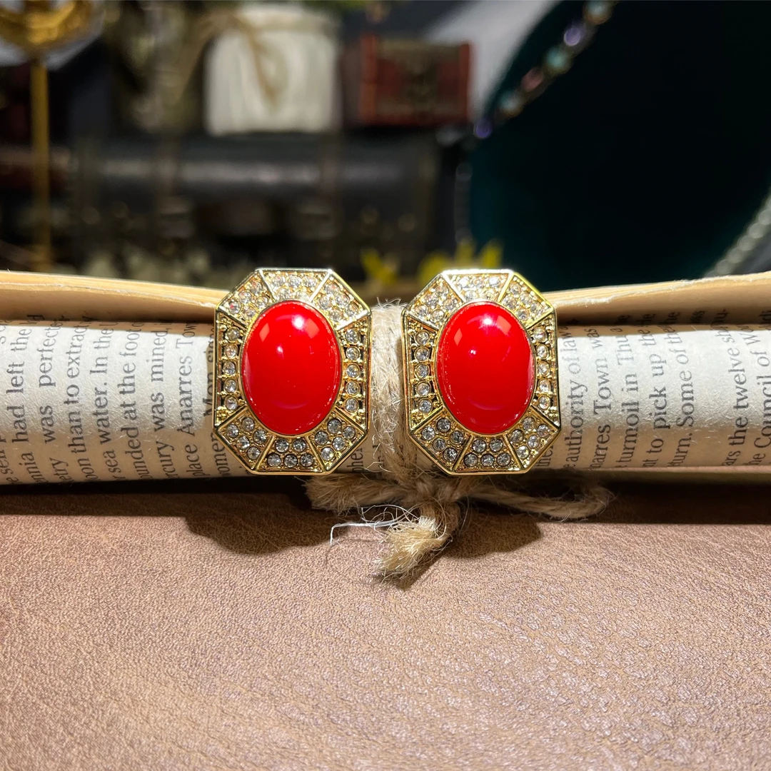 合金耳饰 1890 古风红色耳钉镶嵌轻奢古风耳环气质百搭中古耳饰女