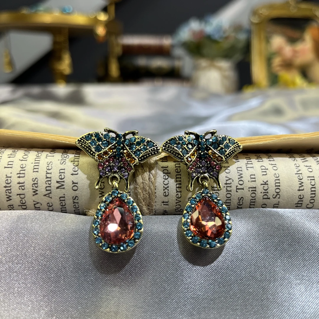 合金耳饰 1763 vintage手工镶嵌中古蝴蝶耳环欧美设计师耳钉耳饰
