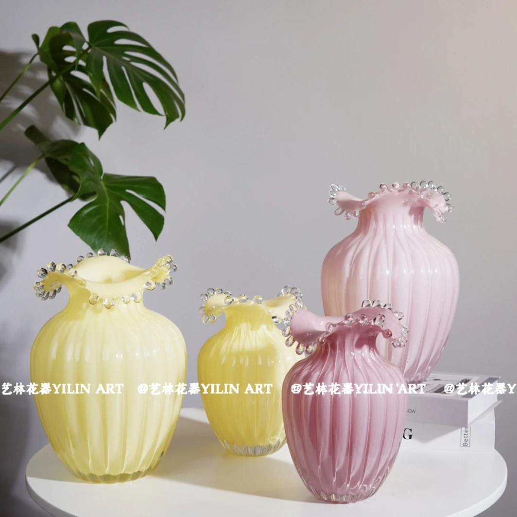 中古浪花丨粉色插花装饰餐桌玻璃家居复古轻奢琉璃法式鲜花花器