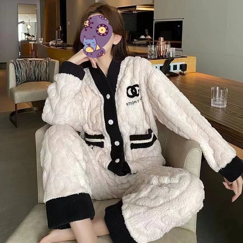 【反季促销】秋冬新款女珊瑚绒睡衣女加厚家居服可外穿小香风