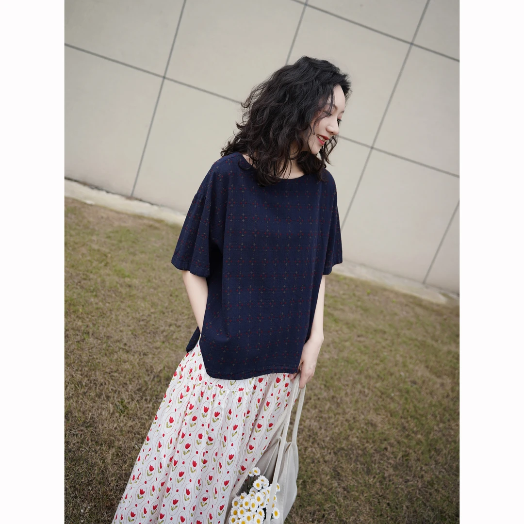 019161文艺棉色织提花圆领百搭上衣 衣长71 胸围134