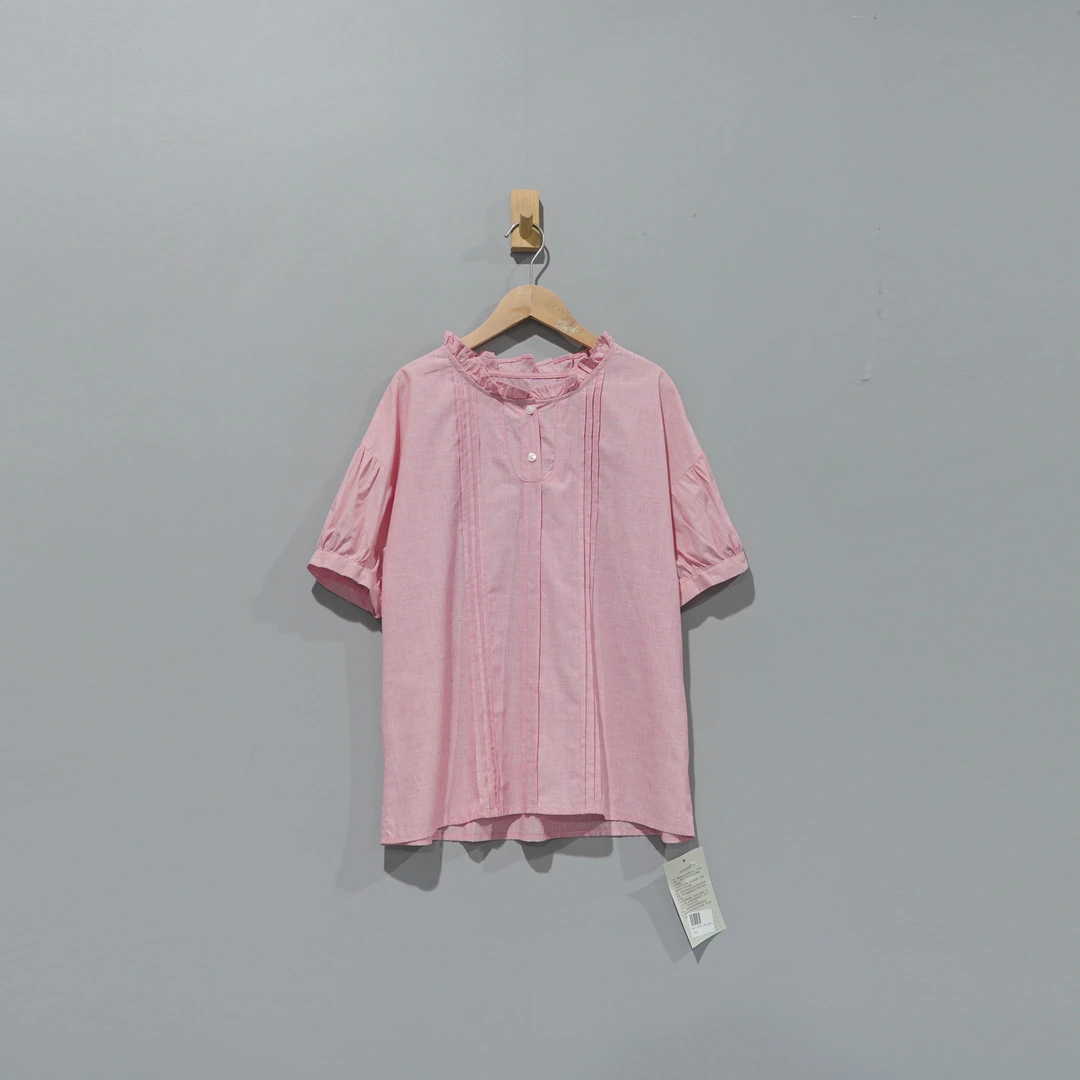 019412文艺色织棉木耳领半门襟牙签条上衣 衣长66 胸围120