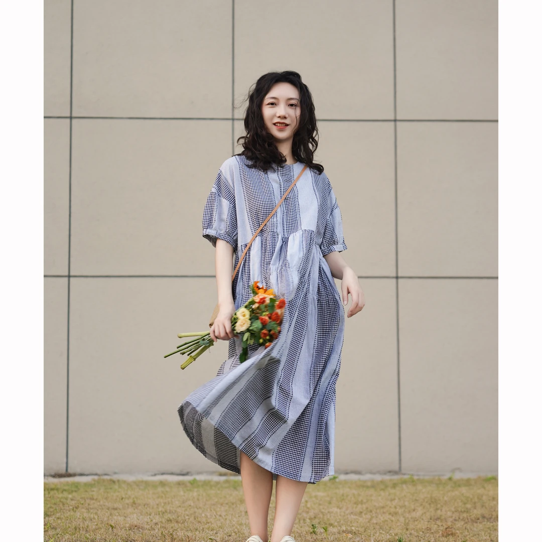 039954文艺色织棉复古提花圆领格子条纹连衣裙 衣长115 胸围118