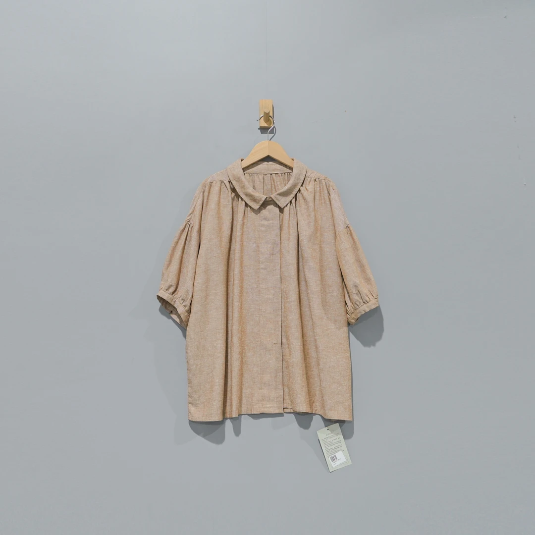 019684文艺色织麻棉翻领暗门襟显瘦衬衫 衣长70 胸围152