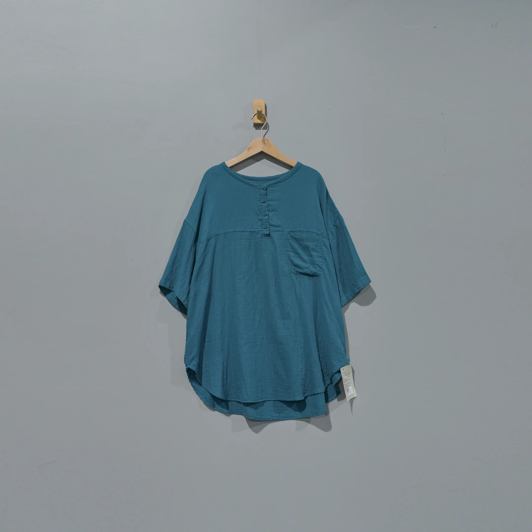 019209文艺棉圆领半门襟显瘦口袋中长款上衣 衣长84 胸围150