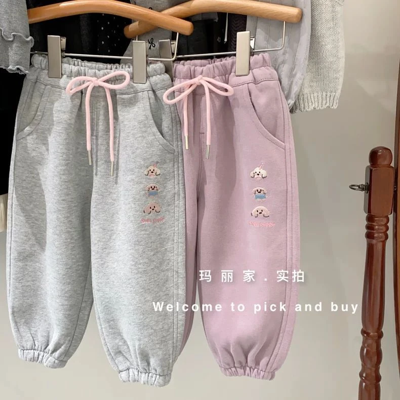 小朋友的卫裤!厚面料 秋冬新款韩国女童刺绣一体绒束脚休闲运动裤