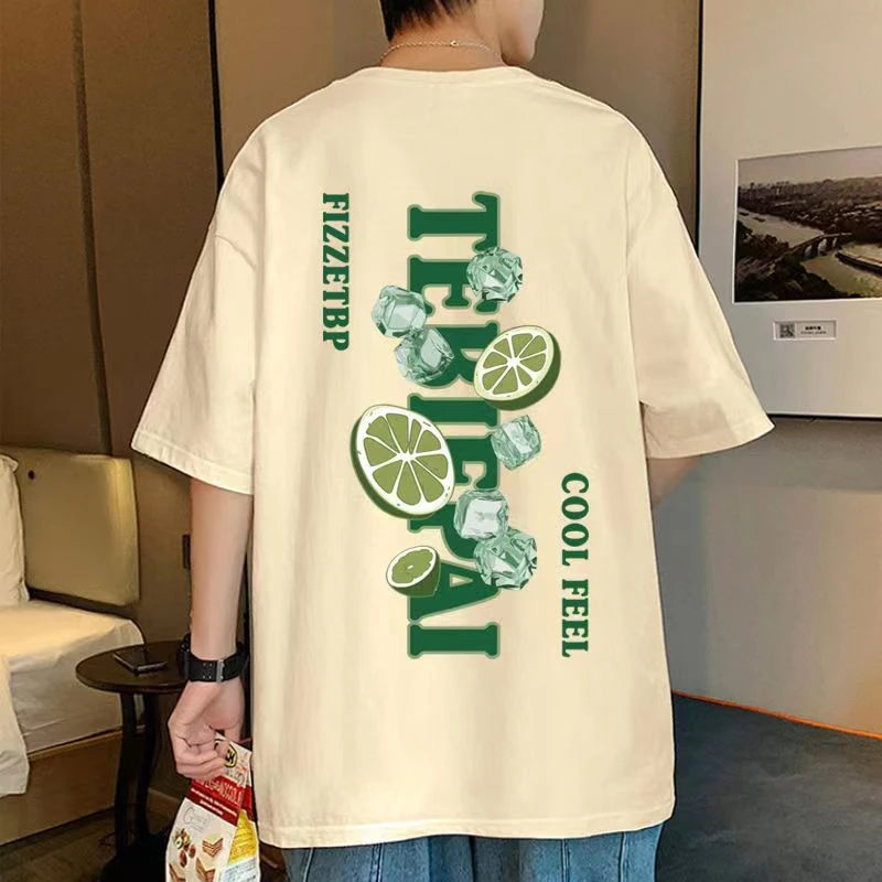 夏季~百搭情侣装~印花~五分袖~冰爽透气~柠檬字母~圆领T恤~宽松