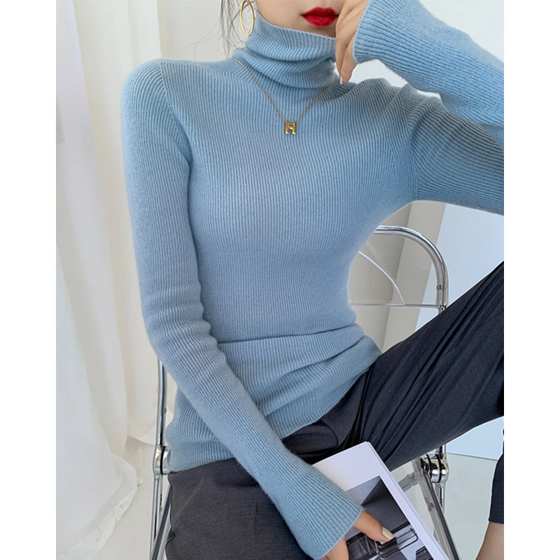 秋冬高级感蓝色堆堆高领针织衫女装洋气内搭羊毛毛衣打底法式上衣
