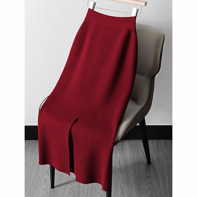 安可拉红后开叉高腰直筒针织半身裙女秋冬一步裙显瘦包臀a字长裙