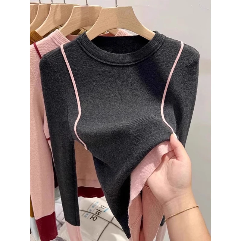 秋冬款洋气撞色圆领针织衫女修身显瘦内搭毛衣高级感气质打底上衣