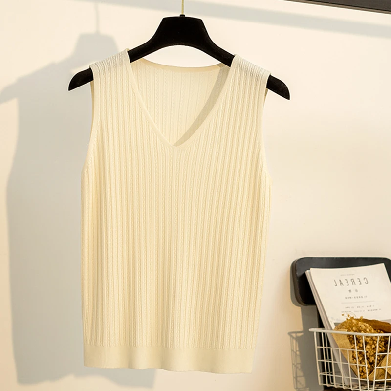 2025新款夏季冰丝吊带背心女V领无袖针织打底衫宽松显瘦遮肉上衣