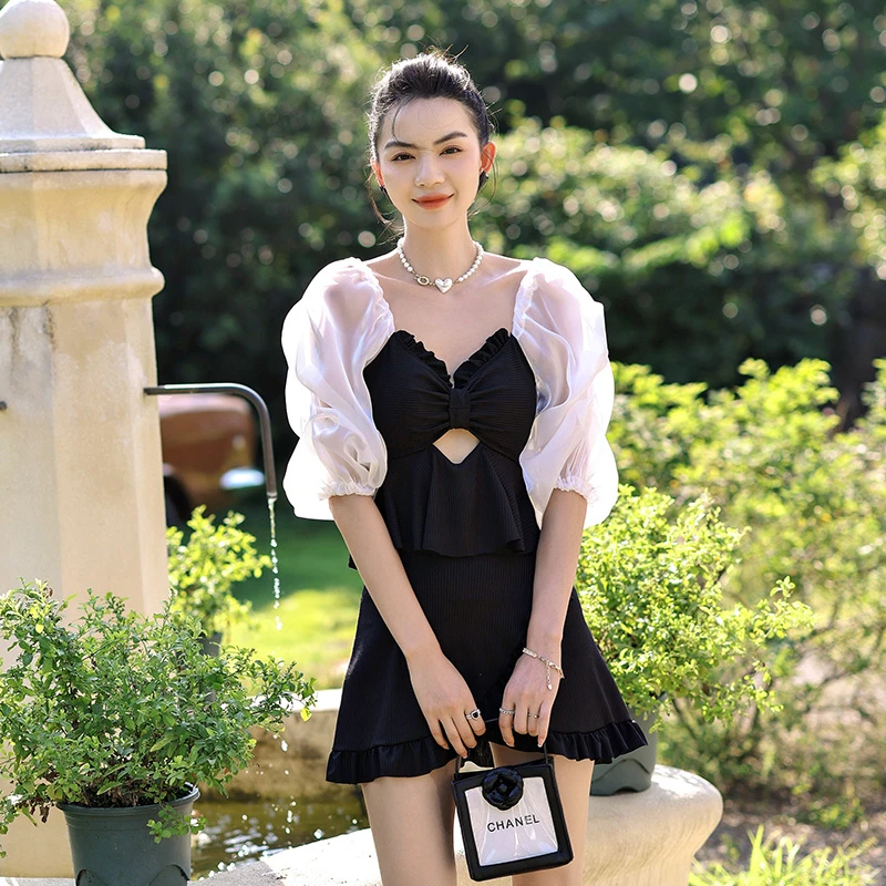 2023新款泳衣女镂空蕾丝性感露背聚拢吊带连衣裙式连体泳衣游泳装