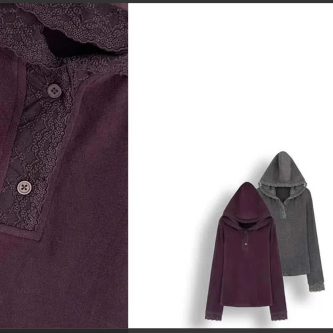 【锦衣服饰】2909针织蕾丝连帽德绒打底衫