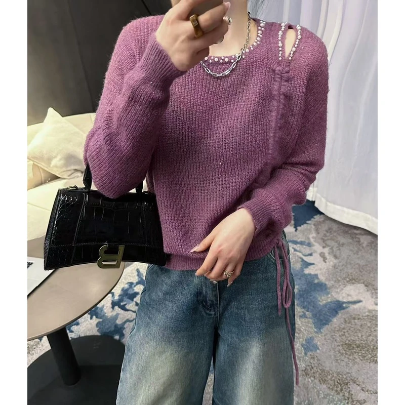 【锦衣服饰】3856 珍珠领下摆抽绳长袖针织衫