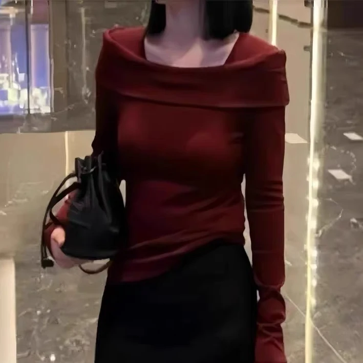 【锦衣2024秋季新款】王88129小众设计款一字肩修身打底上衣