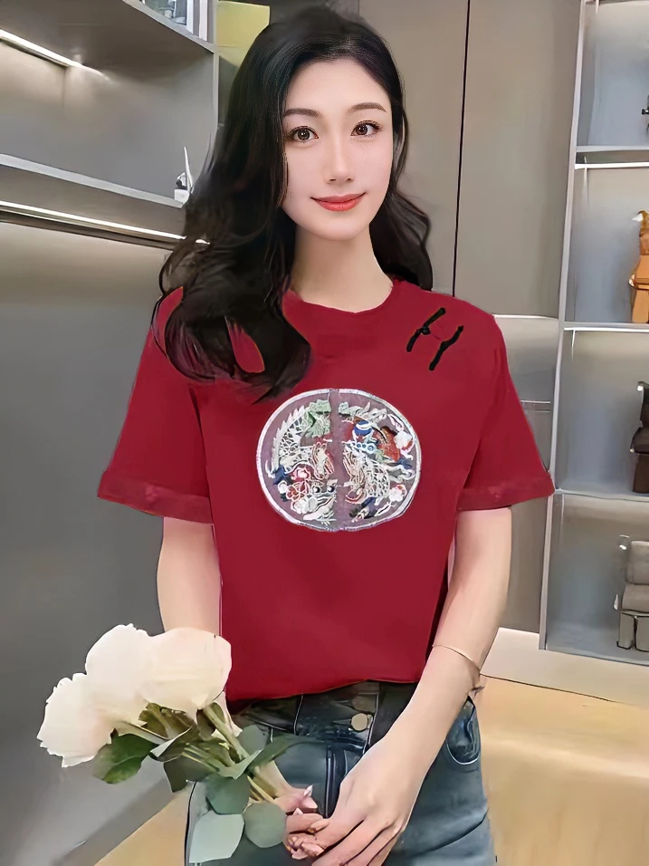 半袖百搭网红高弹罗纹 时尚 女士绣花单夏季纯棉 休闲T恤显瘦红色