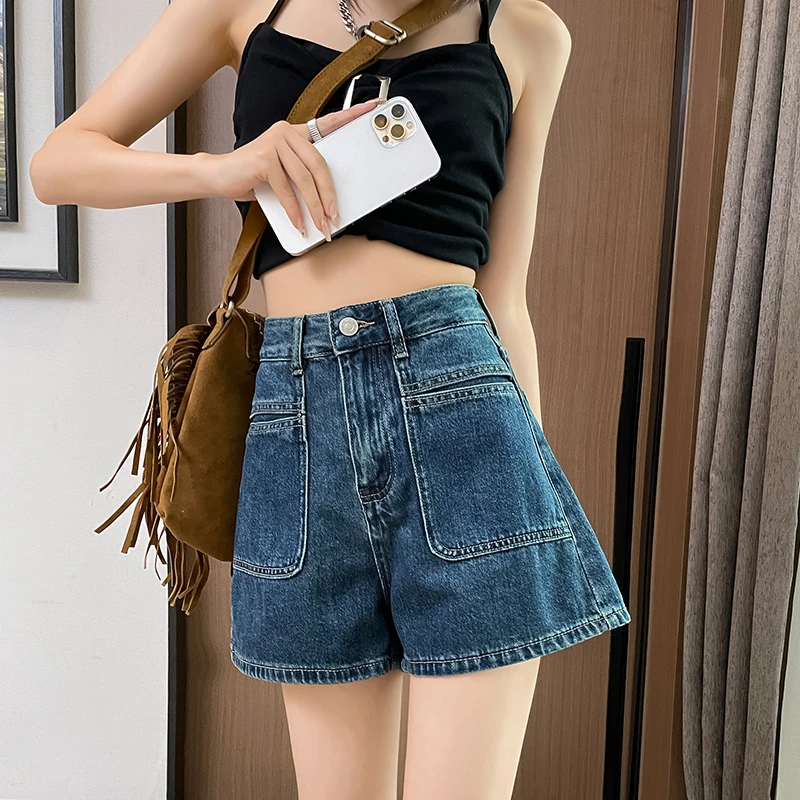 高腰显瘦复古A字牛仔短裤女夏季薄款洋气直筒热裤时尚百搭设计感