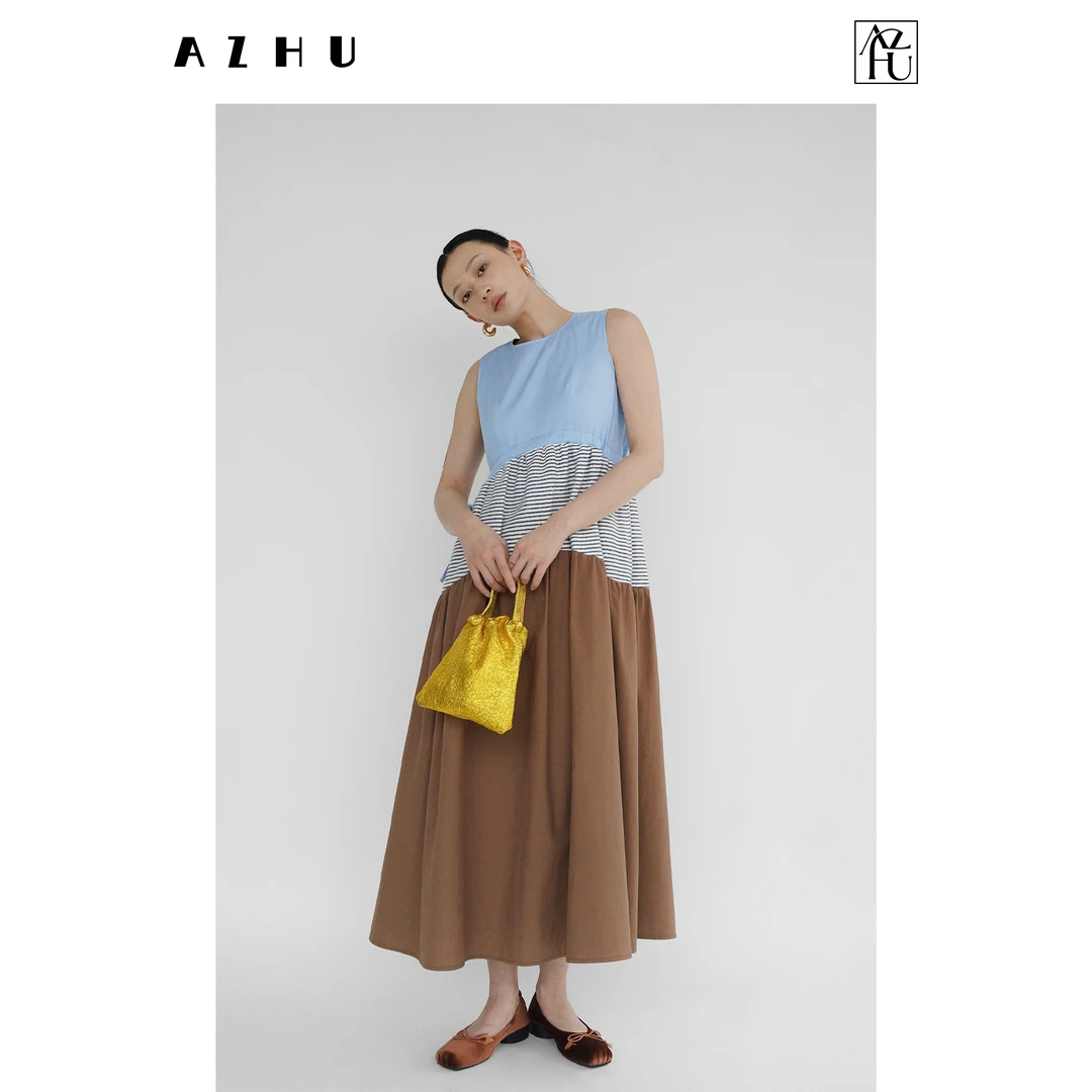 AZHU 小众设计艺术调抽绳收腰匹马棉拼接连衣裙