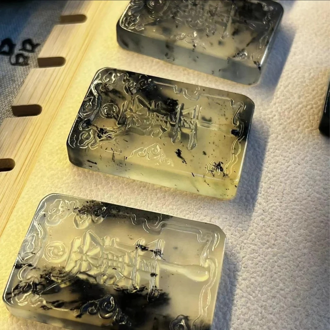 水墨紫薇讳雨渐耳玉牌项链 复古岫玉个性气质多样性发货其中之一